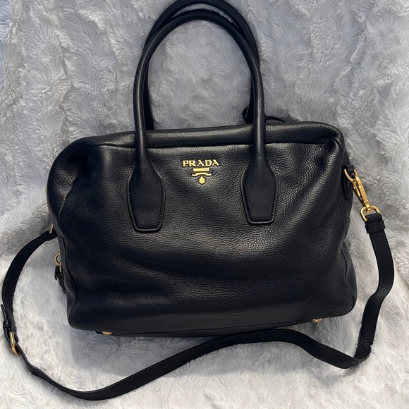 Prada Black Leather Satchel with Gold Accents - Picture 1 of 10